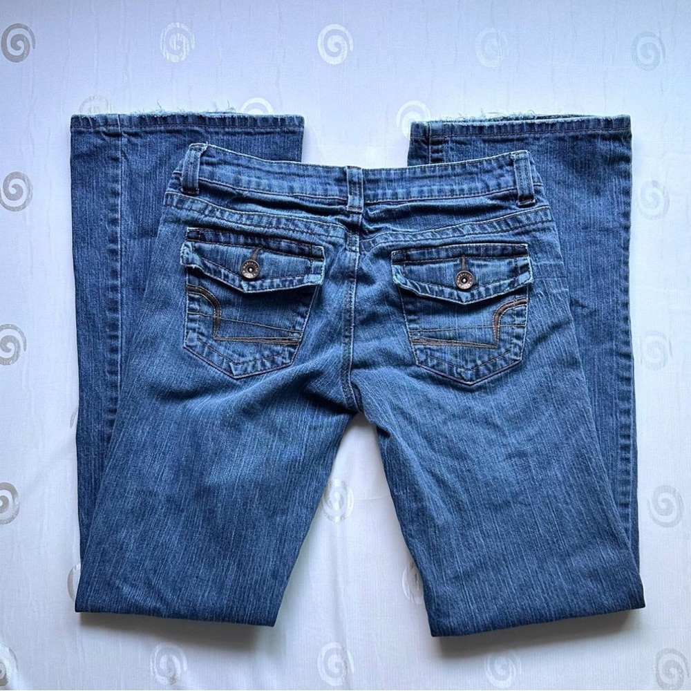 Vintage cargo pocket warehouse one low rise flare bootcut dark wash jeans